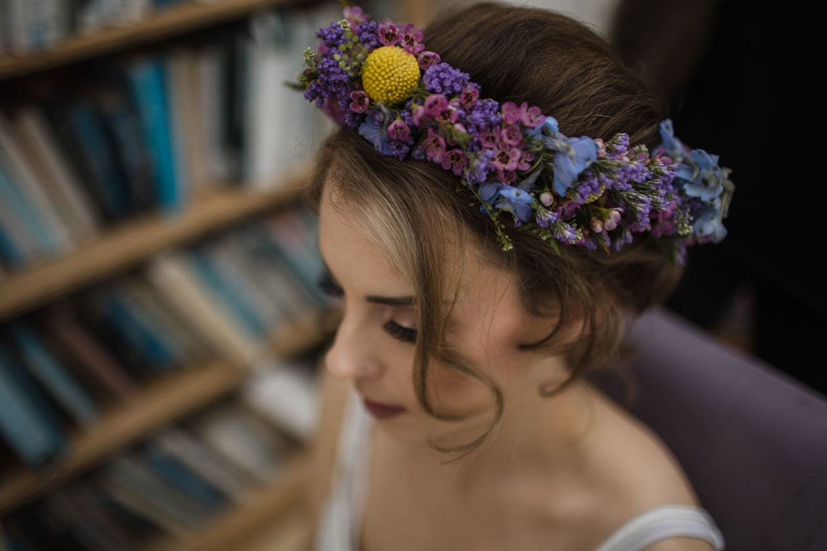 Close up of bride's floral crown