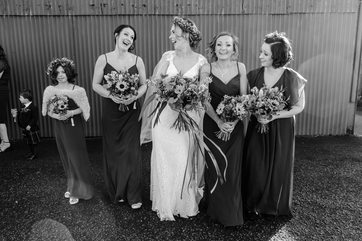 Black and white image of bride and bridesmaids at Ayrshire wedding