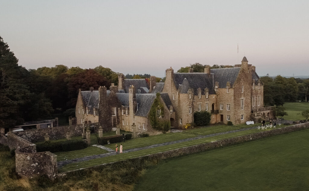 Drone image of the back facade of Rowallan Castle