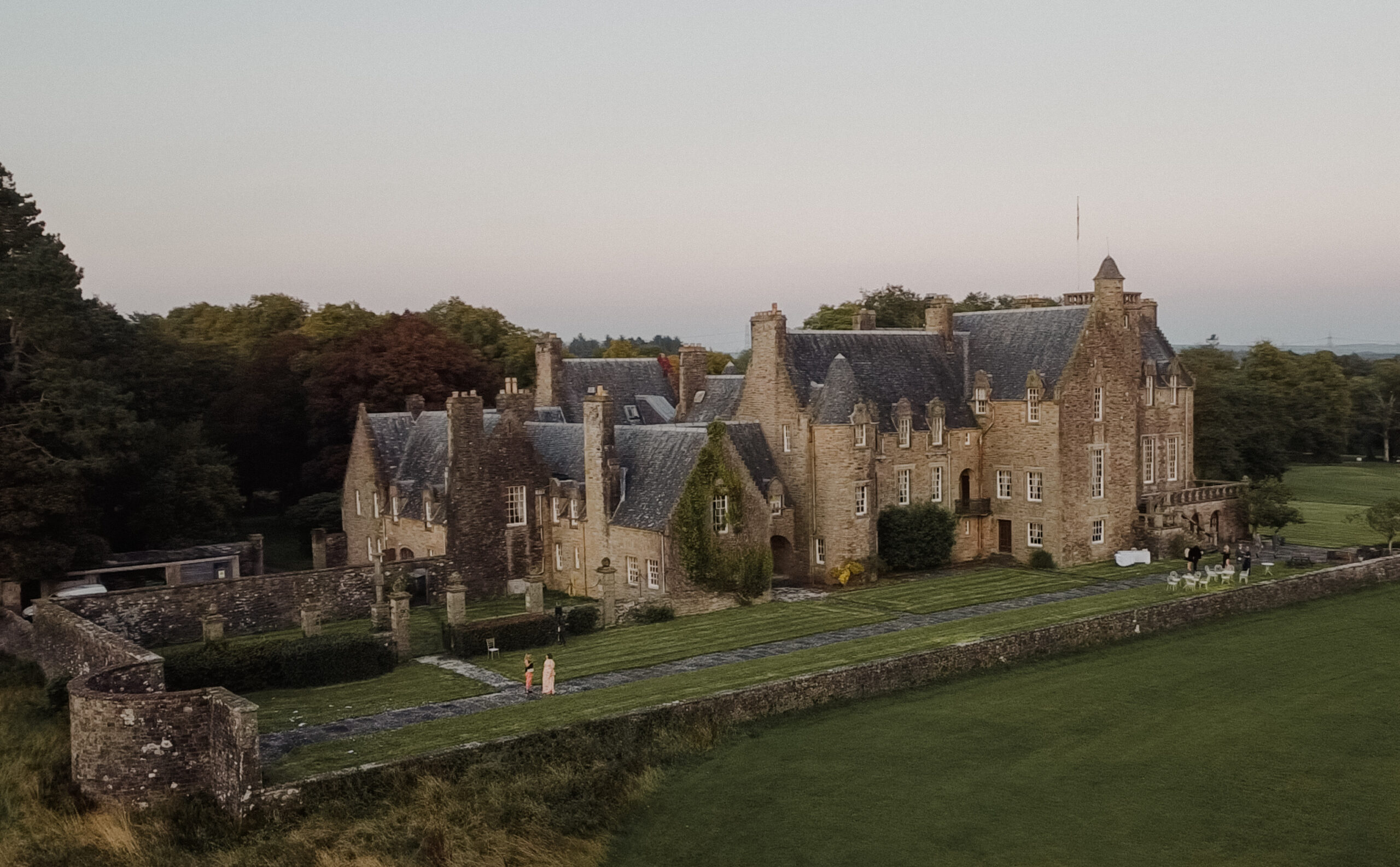 Drone image of the back facade of Rowallan Castle