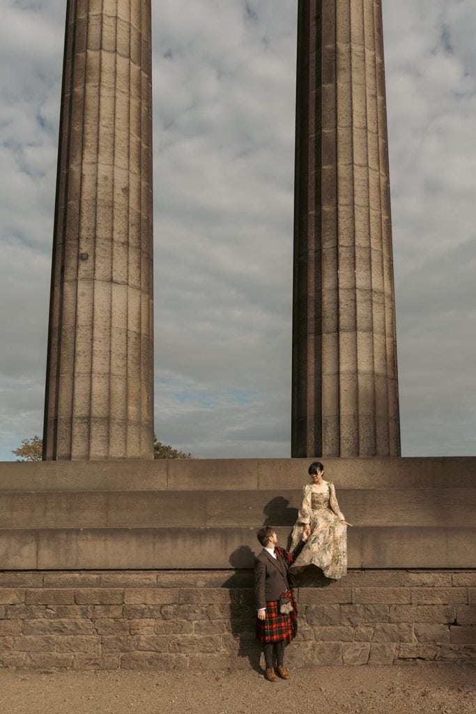 Bride and groom at the National Monument of Scotland in Edinburgh.